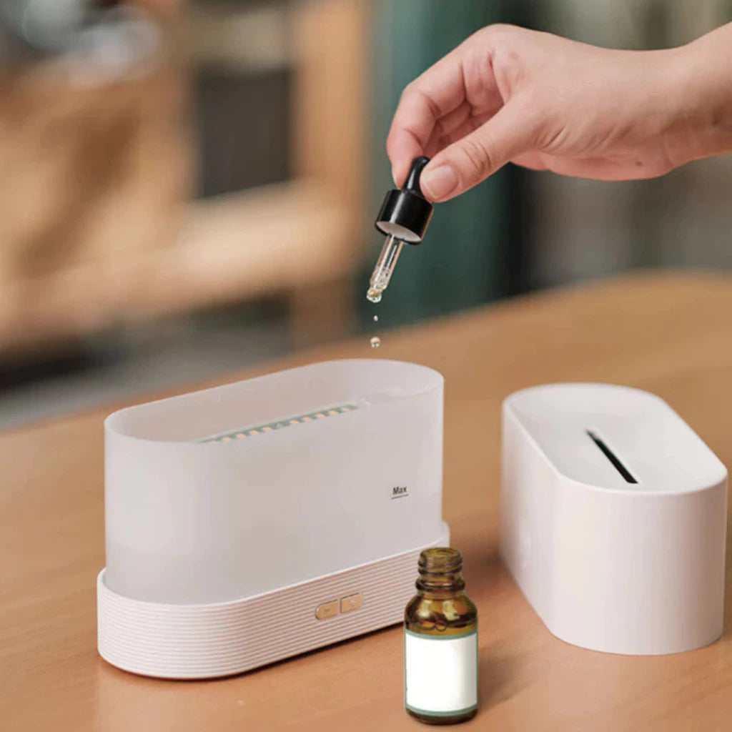 Umidificador - Difusor de Aroma FLAME 200ml – Portátil, Multifuncional com Efeito de Luz de Chama Simulada