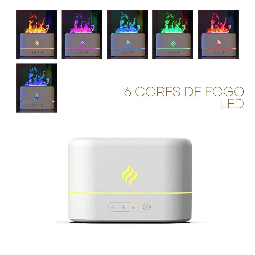 Umidificador - Difusor de Aroma FLAME 200ml – Portátil, Multifuncional com Efeito de Luz de Chama Simulada